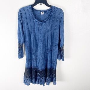INTERNATIONAL GIFT 100% Cotton Blue Lace Trim V-Neck Embroidered Dress Size 0